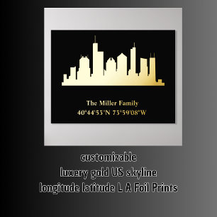 luxery gold US skyline longitude latitude L A Foil Prints