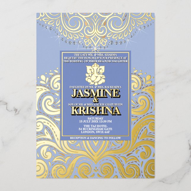 LuxGlitter Blue Gold Ganesha Hindu Wedding Foil Invitation (Front)