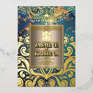 LuxGlitter Blue Gold Hindu Ganesha Indian Wedding Foil Invitation