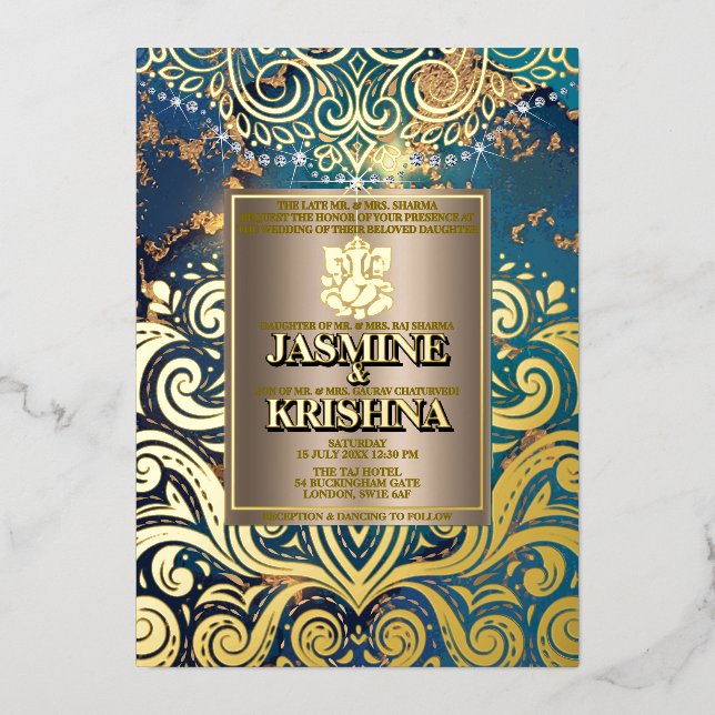 LuxGlitter Blue Gold Hindu Ganesha Indian Wedding Foil Invitation (Front)