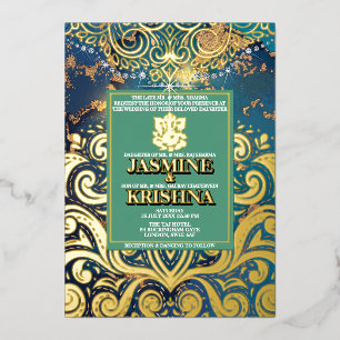 LuxGlitter Blue Gold Hindu Ganesha Indian Wedding Foil Invitation