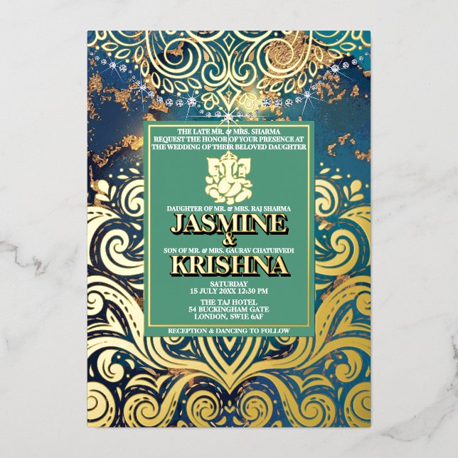 LuxGlitter Blue Gold Hindu Ganesha Indian Wedding Foil Invitation (Front)