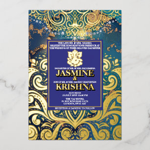 LuxGlitter Blue Gold Hindu Ganesha Indian Wedding Foil Invitation
