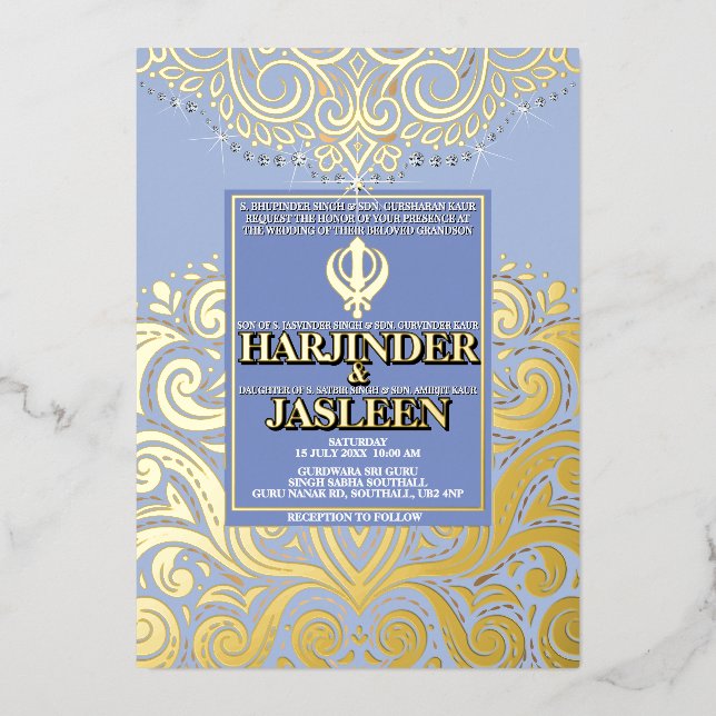 LuxGlitter Blue Gold Sikh Anand Karaj Wedding Foil Invitation (Front)