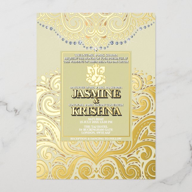 LuxGlitter Ivory Gold Ganesha Hindu Wedding Foil Invitation (Front)