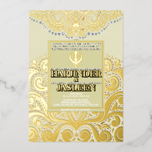 LuxGlitter Ivory Gold Sikh Anand Karaj Wedding Foil Invitation