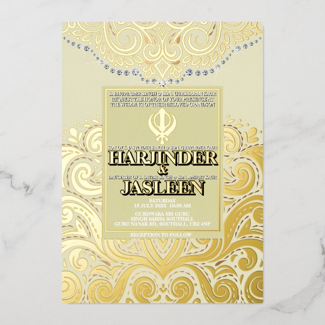 LuxGlitter Ivory Gold Sikh Anand Karaj Wedding Foil Invitation (Front)