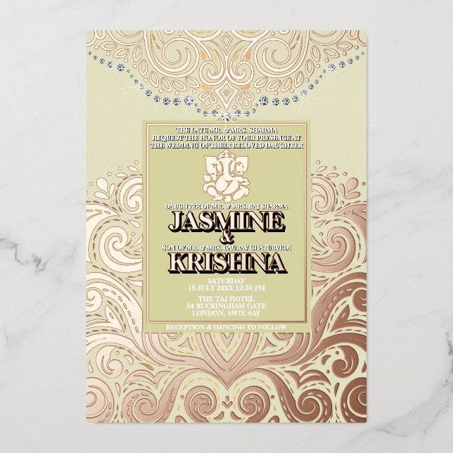LuxGlitter Ivory PinkGold Ganesha Hindu Wedding Foil Invitation (Front)