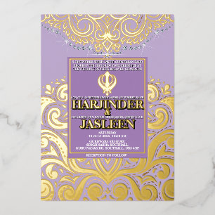 LuxGlitter Lavender Gold Sikh Anand Karaj Wedding Foil Invitation