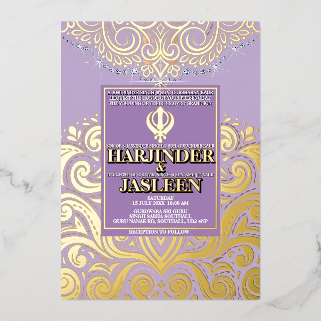 LuxGlitter Lavender Gold Sikh Anand Karaj Wedding Foil Invitation (Front)