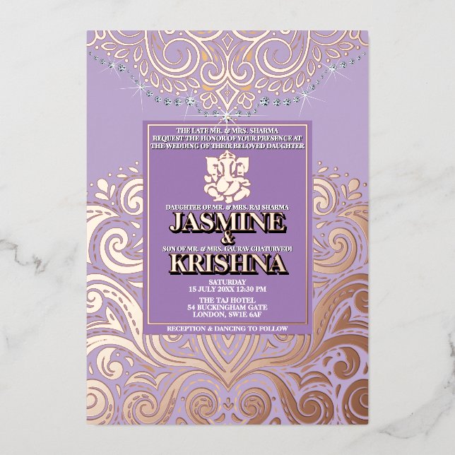 LuxGlitter Lavender PinkGold Ganesha Hindu Wedding Foil Invitation (Front)