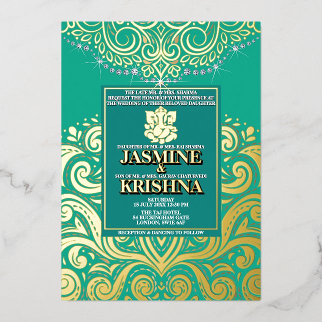 LuxGlitter Peacock Gold Ganesha Hindu Wedding Foil Invitation (Front)