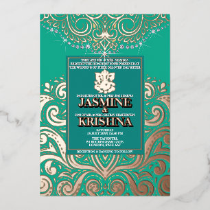 LuxGlitter Peacock PinkGold Ganesha Hindu Wedding Foil Invitation