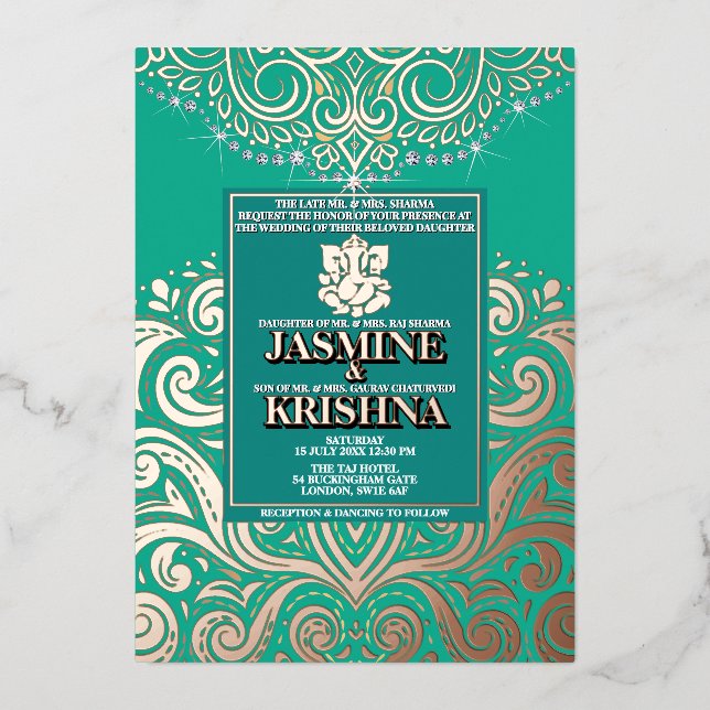 LuxGlitter Peacock PinkGold Ganesha Hindu Wedding Foil Invitation (Front)