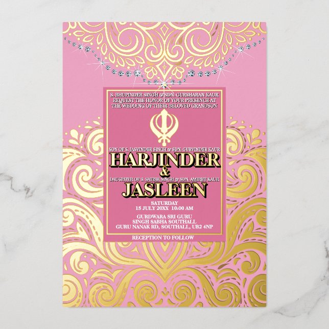 LuxGlitter Pink Gold Sikh Anand Karaj Wedding Foil Invitation (Front)