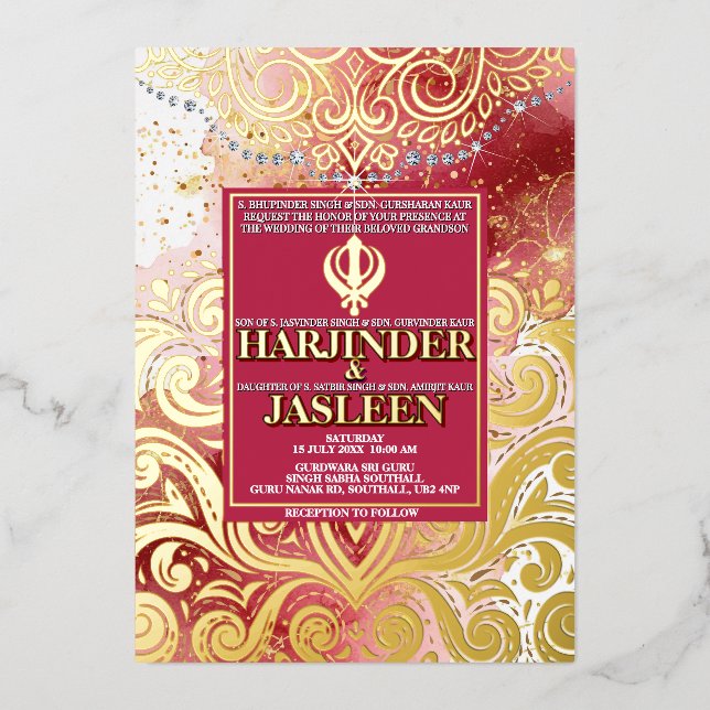 LuxGlitter Pink & Gold Sikh Anand Karaj Wedding Foil Invitation (Front)
