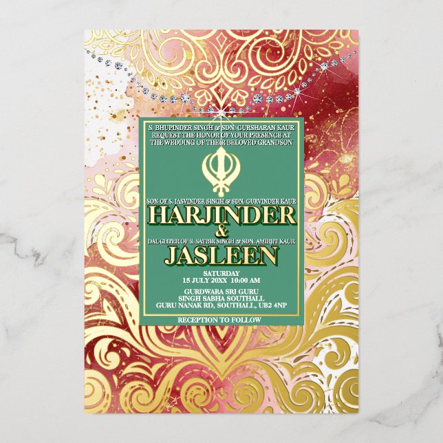 LuxGlitter Pink & Gold Sikh Anand Karaj Wedding Foil Invitation (Front)