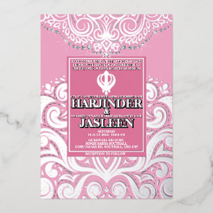 LuxGlitter Pink Silver Sikh Anand Karaj Wedding Foil Invitation