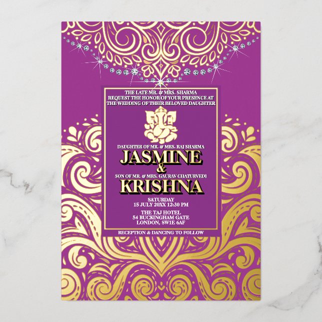 LuxGlitter Purple Gold Ganesha Hindu Wedding Foil Invitation (Front)