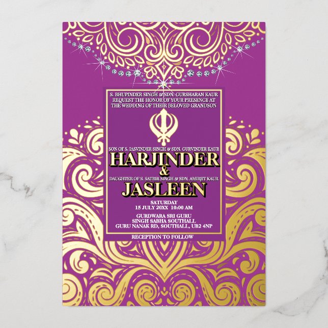 LuxGlitter Purple Gold Sikh Anand Karaj Wedding Foil Invitation (Front)