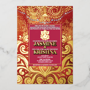 LuxGlitter Red Gold Hindu Ganesha Indian Foil Invitation