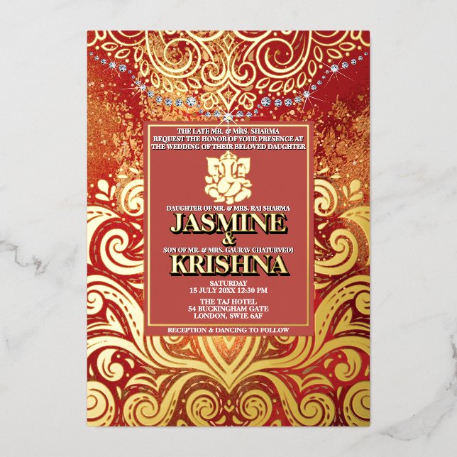 LuxGlitter Red Gold Hindu Ganesha Indian Wedding Foil Invitation (Front)