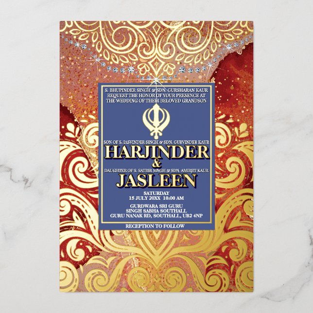 LuxGlitter Red Sikh Anand Karaj Indian Wedding  Foil Invitation (Front)
