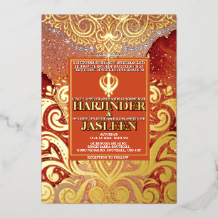LuxGlitter Red Sikh Anand Karaj Indian Wedding Foil Invitation