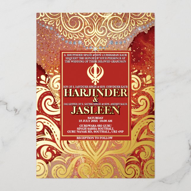 LuxGlitter Red Sikh Anand Karaj Indian Wedding Foil Invitation (Front)