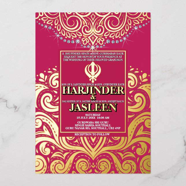 LuxGlitter Rose Pink Gold Sikh Anand Karaj Wedding Foil Invitation (Front)