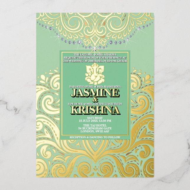 LuxGlitter Sage Green Gold Ganesha Hindu Wedding Foil Invitation (Front)