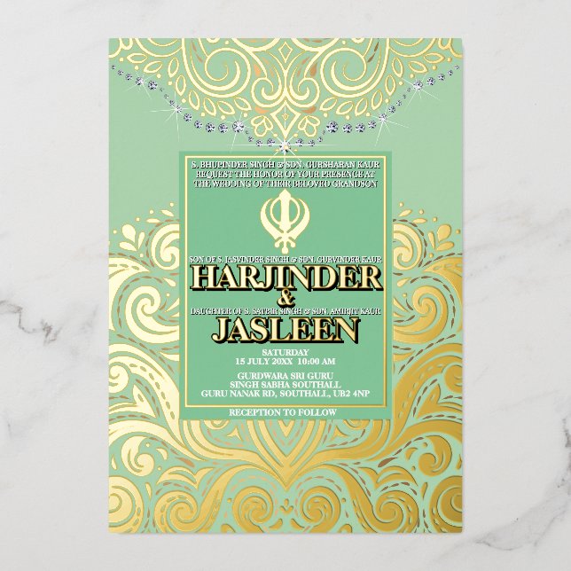 LuxGlitter Sage Green Gold Sikh Anand Karaj Weddin Foil Invitation (Front)