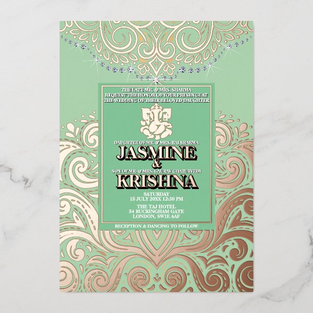 LuxGlitter Sage PinkGold Ganesha Hindu Wedding Foil Invitation (Front)