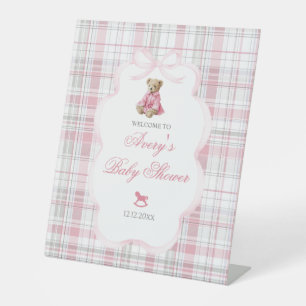 Luxsary Teddy Bear Pink Plaid Baby Girl Shower  Pedestal Sign