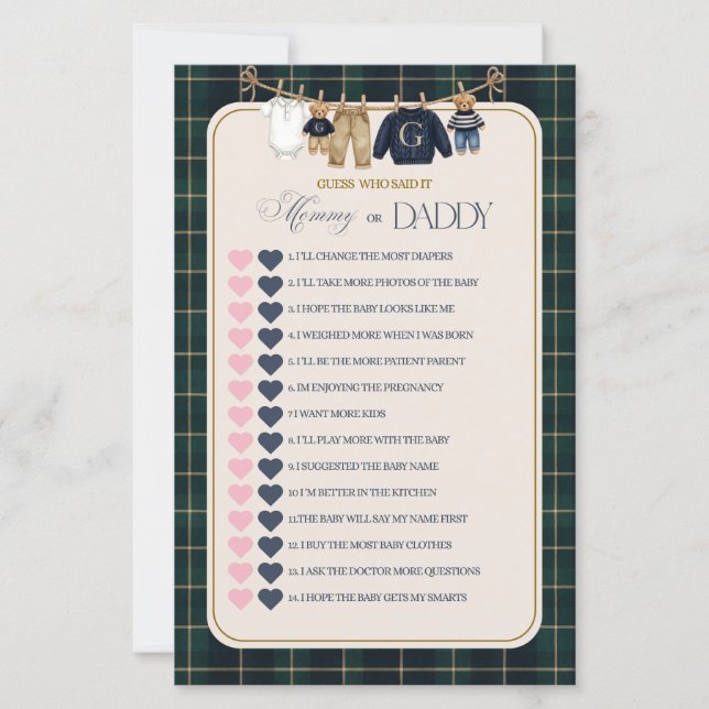 Luxsary Teddy Bear Plaid Baby Shower Game (Front)