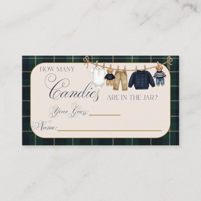 Luxsary Teddy Bear Plaid Baby Shower Guess Game Enclosure Card (Front)