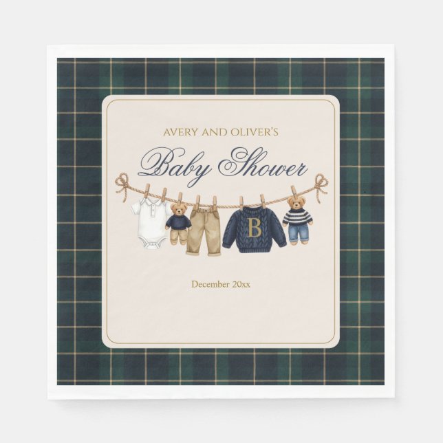 Luxsary Teddy Bear Plaid Baby Shower  Napkins (Front)