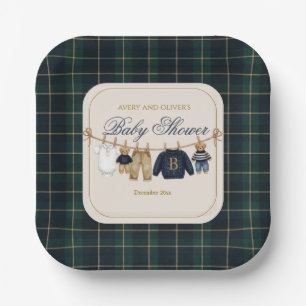 Luxsary Teddy Bear Plaid Baby Shower Paper Plate