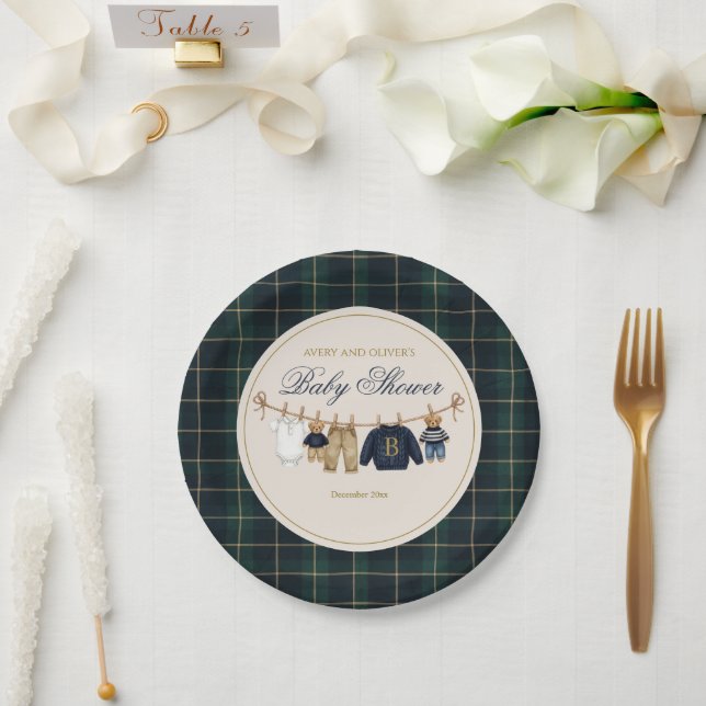 Luxsary Teddy Bear Plaid Baby Shower Paper Plate (Wedding)
