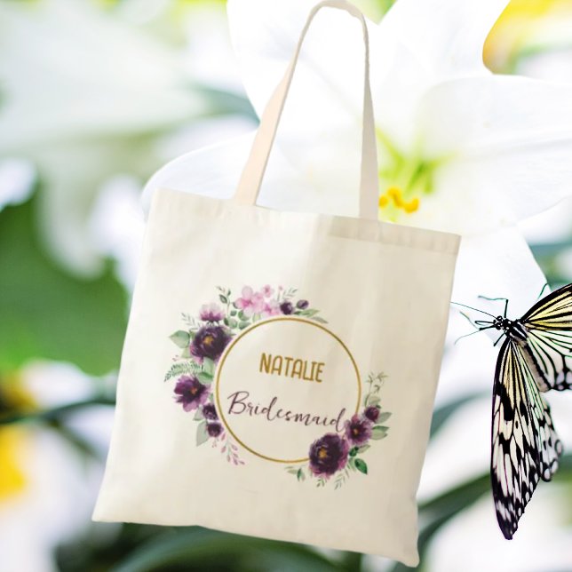 Luxuly classic gold boho florals Bridesmaid purple Tote Bag (Creator Uploaded)