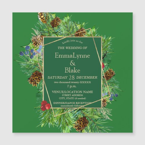 Luxuriant Christmas Greenery Gold Wedding Magnetic Invitation