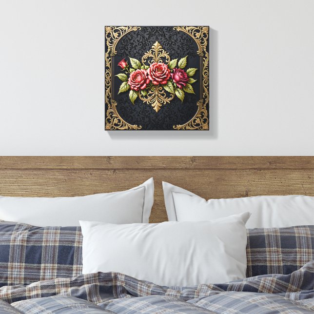 Luxurious Antique Gold Victorian Frame & Deep Red  Canvas Print (Insitu(Bedroom))