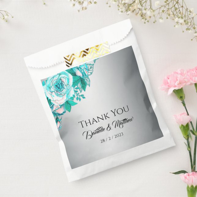Luxurious Aqua Roses on Silver Elegant Favor Bag (Sealed)