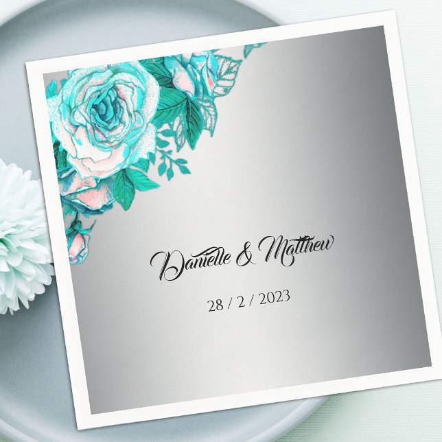 Luxurious Aqua Roses on Silver Elegant Wedding Napkins (Creator Uploaded)