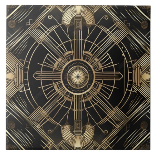 Luxurious Art Deco Black and Gold Geometry Ceramic Tile
