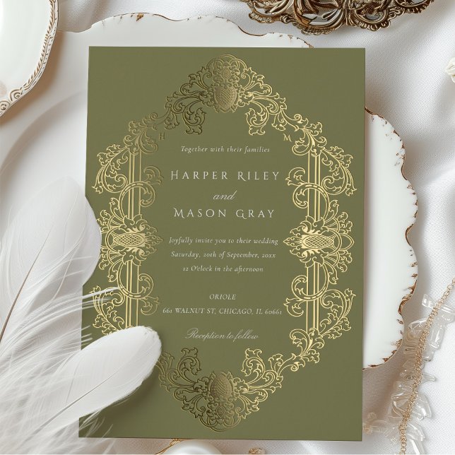 Luxurious Baroque Gold Sage Green Wedding Foil Invitation (Creator Uploaded)