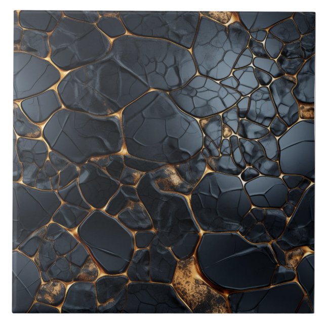 Luxurious Black and Gold Abstract Ceramic Tile (Front)