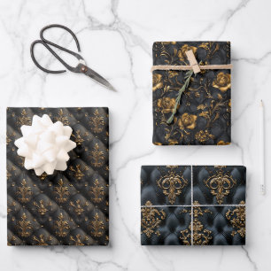 Luxurious Black and Gold Baroque Pattern Wrapping Paper Sheets