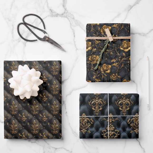 Luxurious Black and Gold Baroque Pattern Wrapping Paper Sheets (Front)