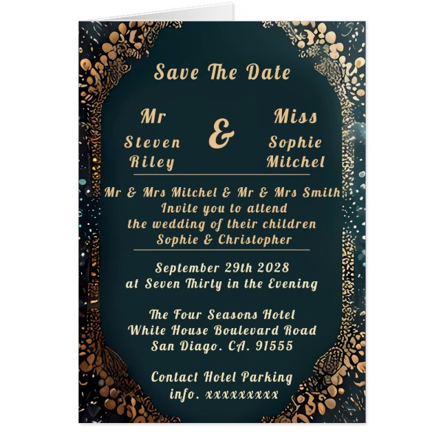 Luxurious Black and Gold Floral Wedding Invitation (Front)